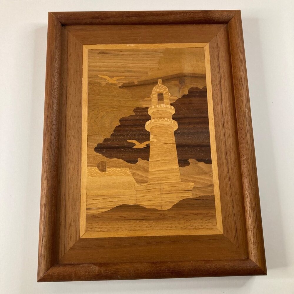 MCM Vintage Framed Marquetry Wood Inlay Wall Hanging Lighthouse 10 x‎ 13